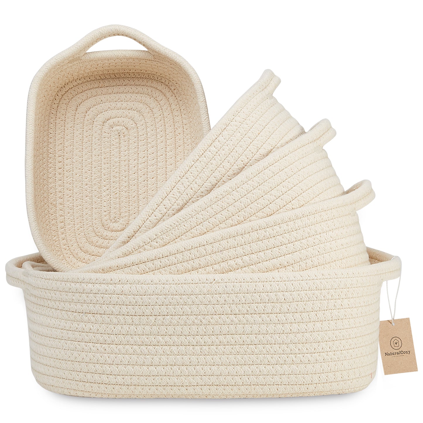 NaturalCozy Rectangle Rope Cotton Baskets Set of 5 (Beige)