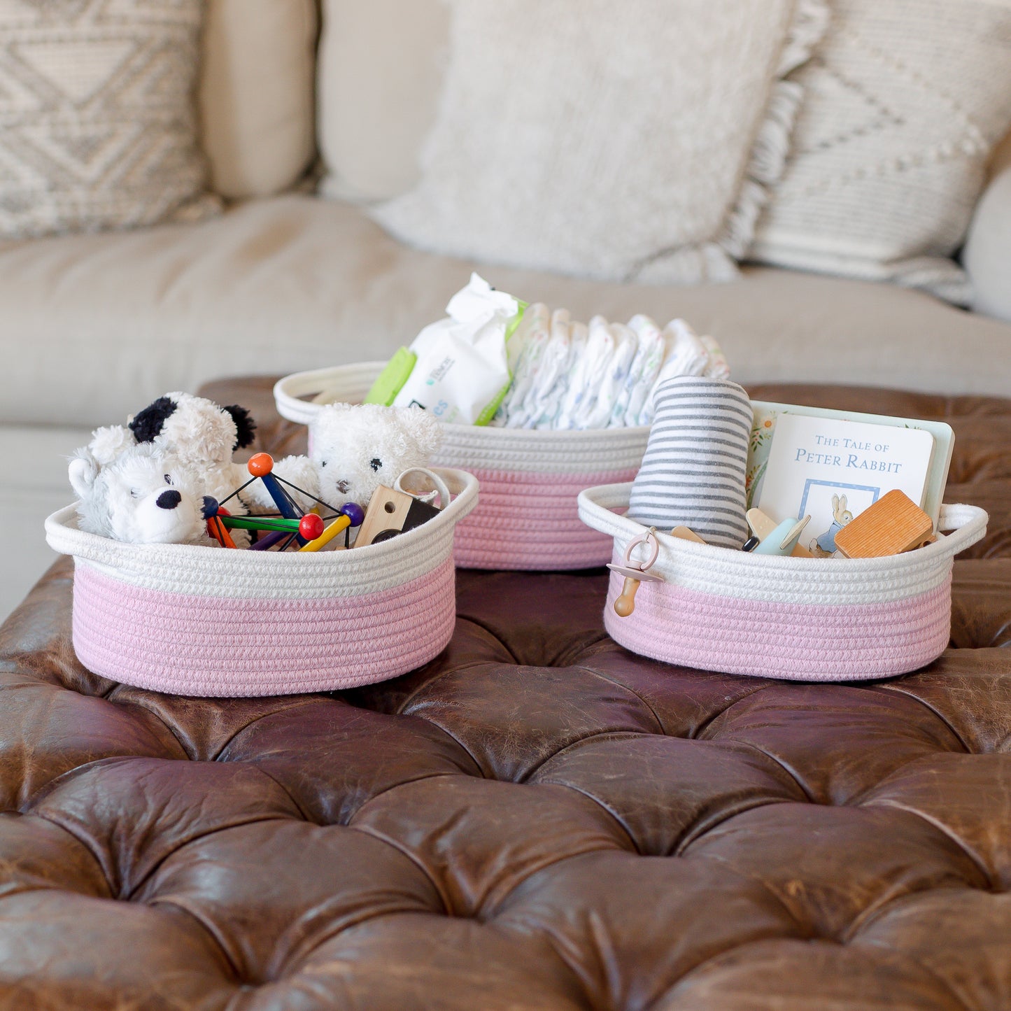 NaturalCozy Oval Rope Cotton Baskets Set of 3 (Off White & Baby Pink)