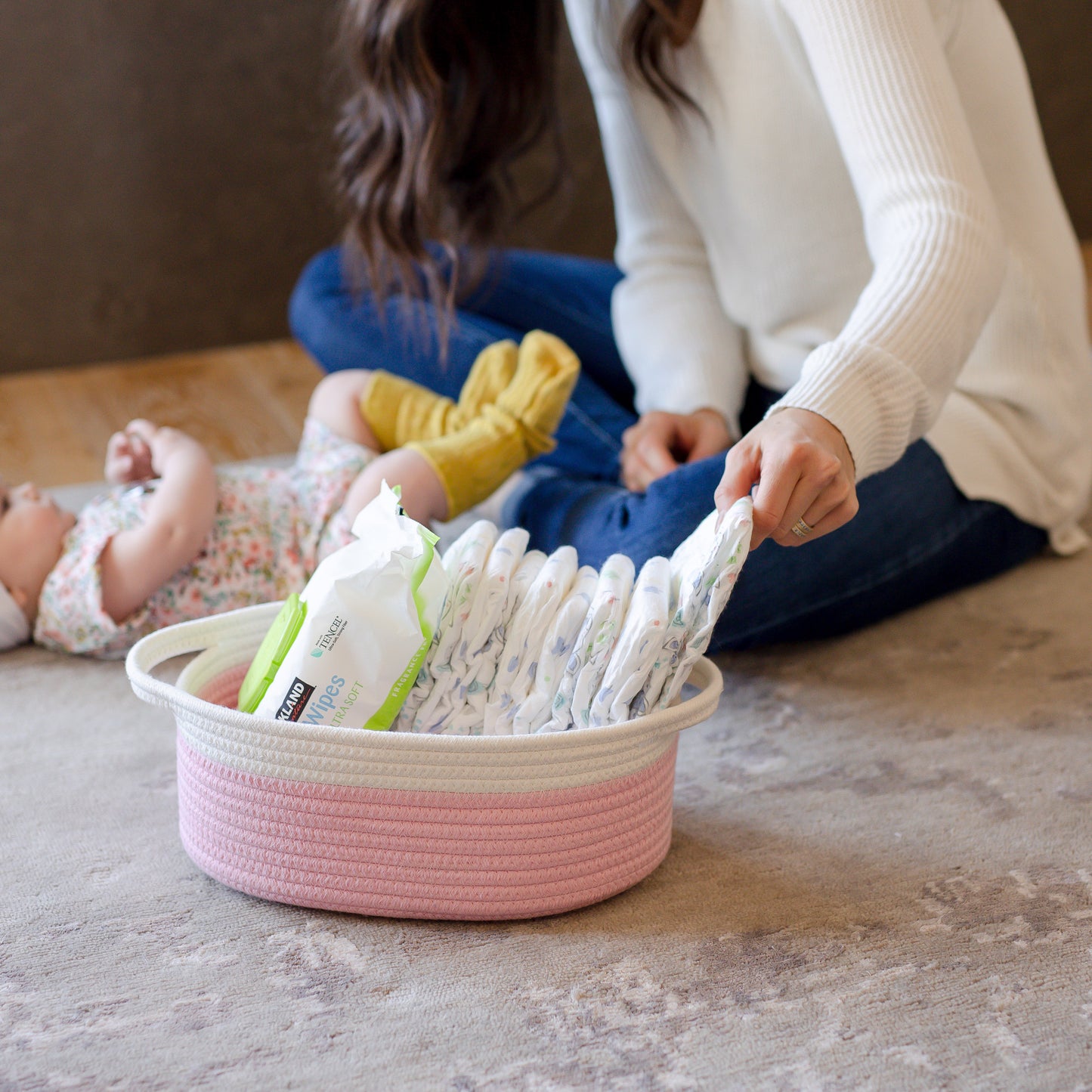 NaturalCozy Oval Rope Cotton Baskets Set of 3 (Off White & Baby Pink)
