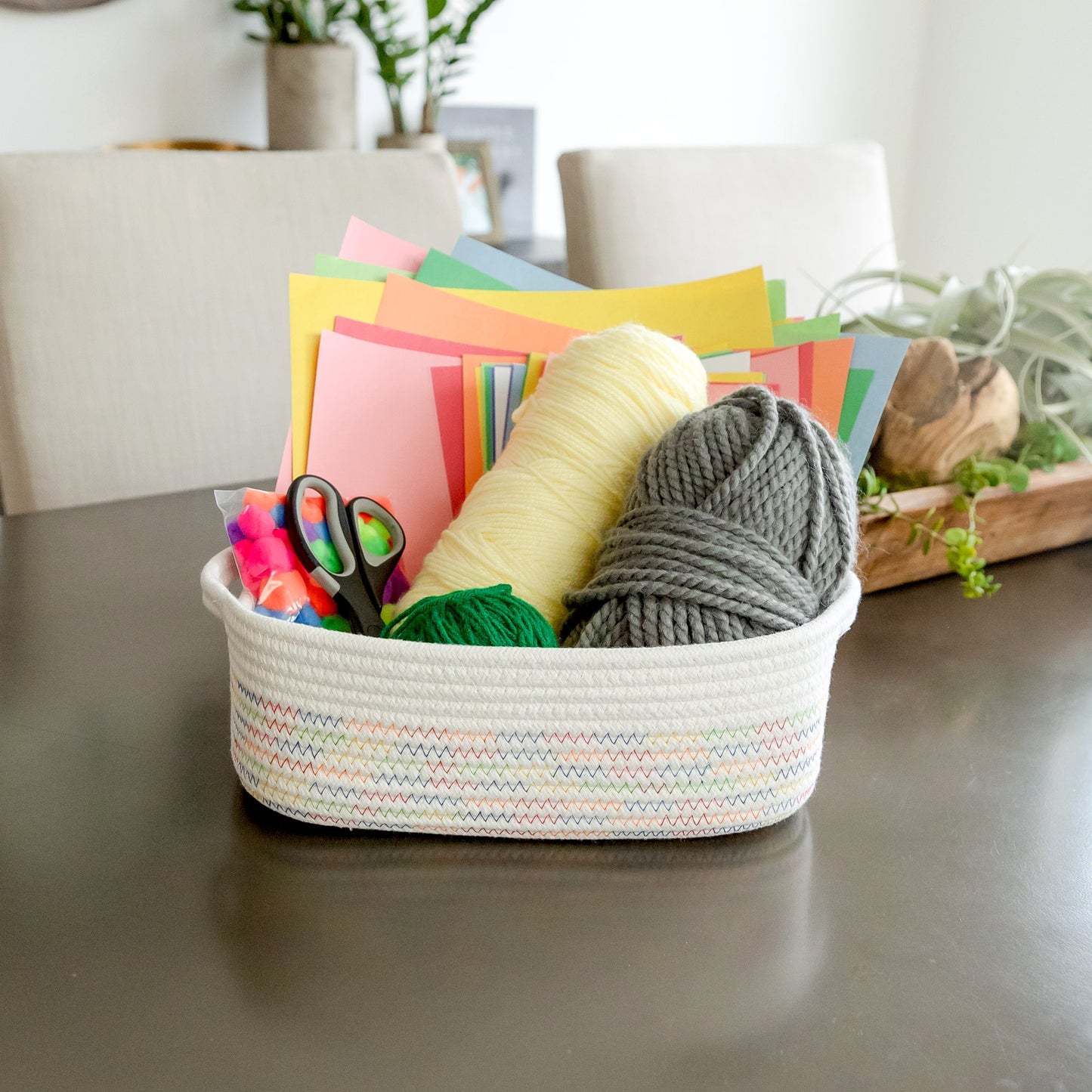 NaturalCozy Rectangle Rope Cotton Baskets Set of 5 (Off White&Rainbow Stitching)