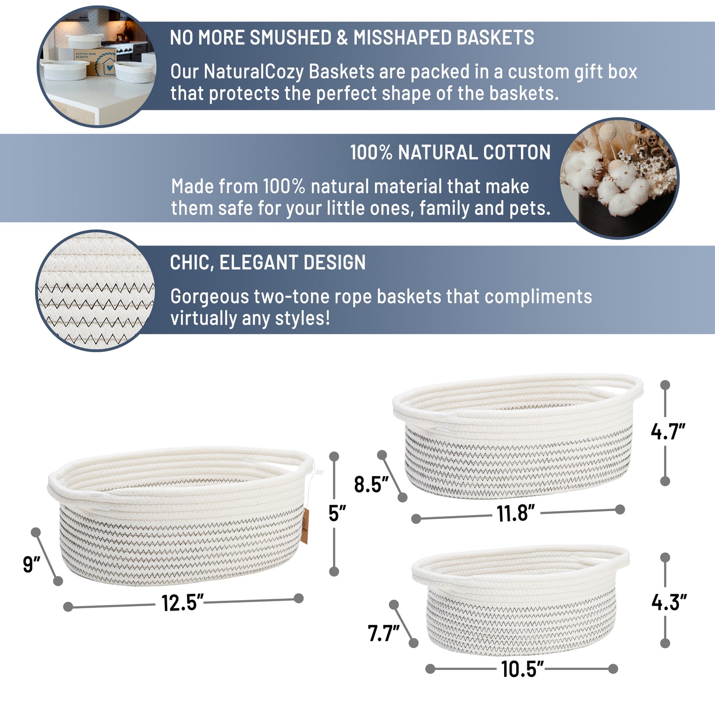 NaturalCozy Oval Rope Cotton Baskets Set of 3 (Off White & Black Stitching)