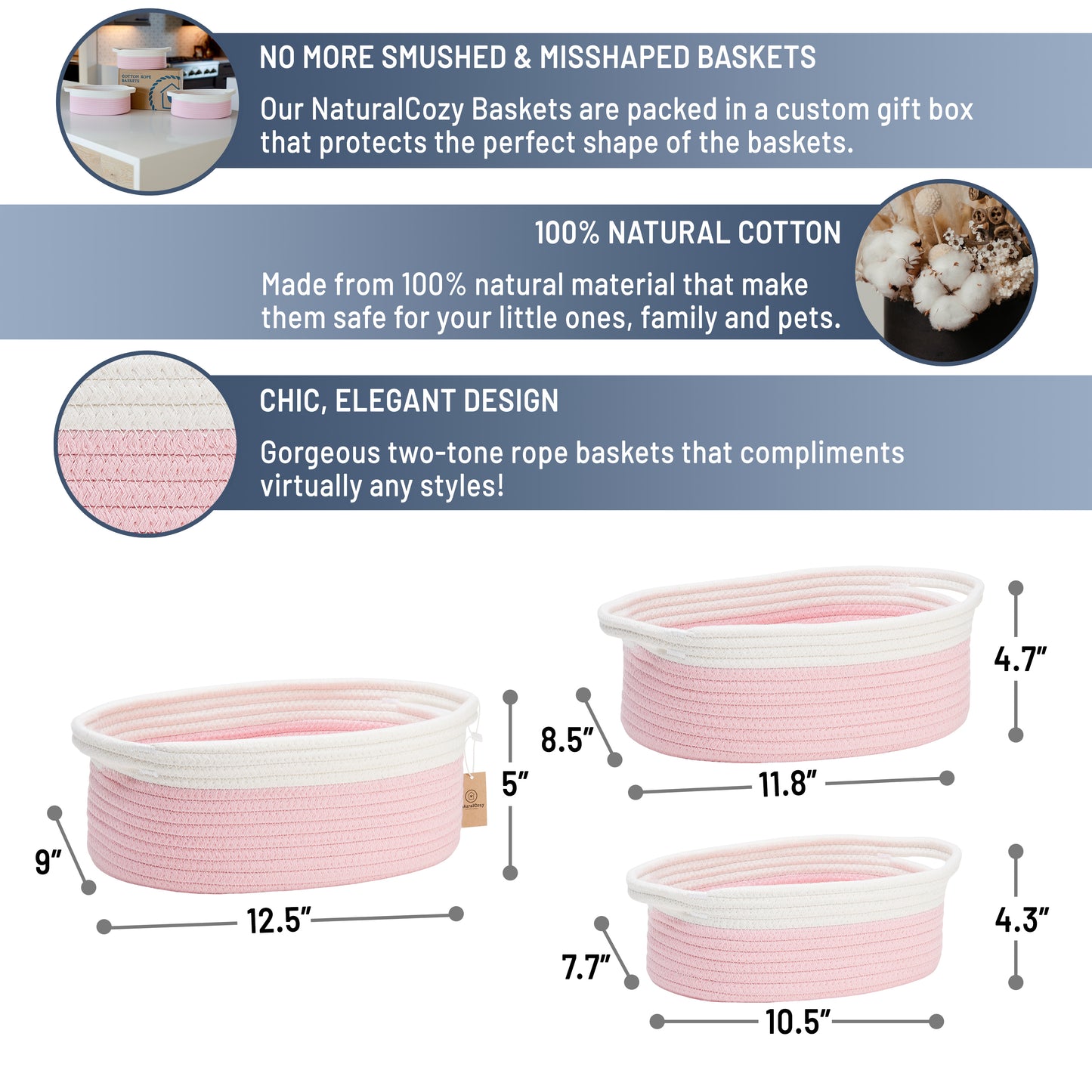 NaturalCozy Oval Rope Cotton Baskets Set of 3 (Off White & Baby Pink)