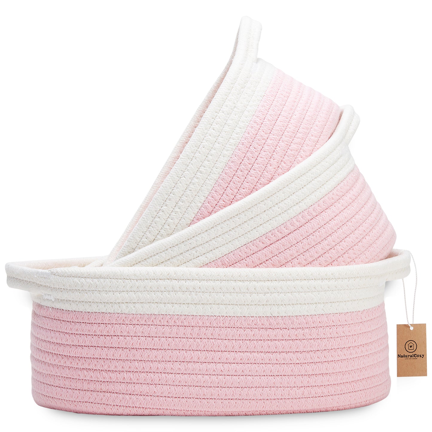 NaturalCozy Oval Rope Cotton Baskets Set of 3 (Off White & Baby Pink)