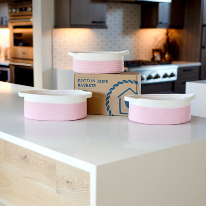 NaturalCozy Oval Rope Cotton Baskets Set of 3 (Off White & Baby Pink)