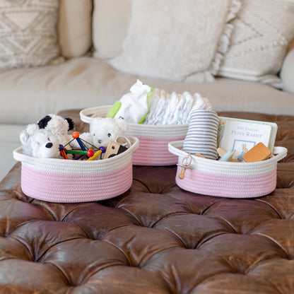 NaturalCozy Oval Rope Cotton Baskets Set of 3 (Off White & Baby Pink)