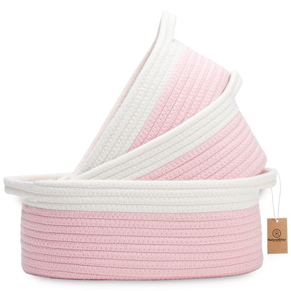 NaturalCozy Oval Rope Cotton Baskets Set of 3 (Off White & Baby Pink)